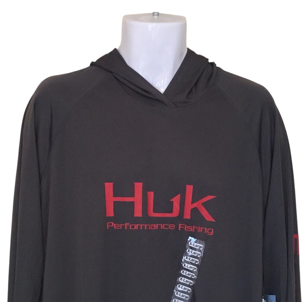 HUK Fishing Hoodie Performance Fabric Gray Red Size X-Large - Picture 2 of 7